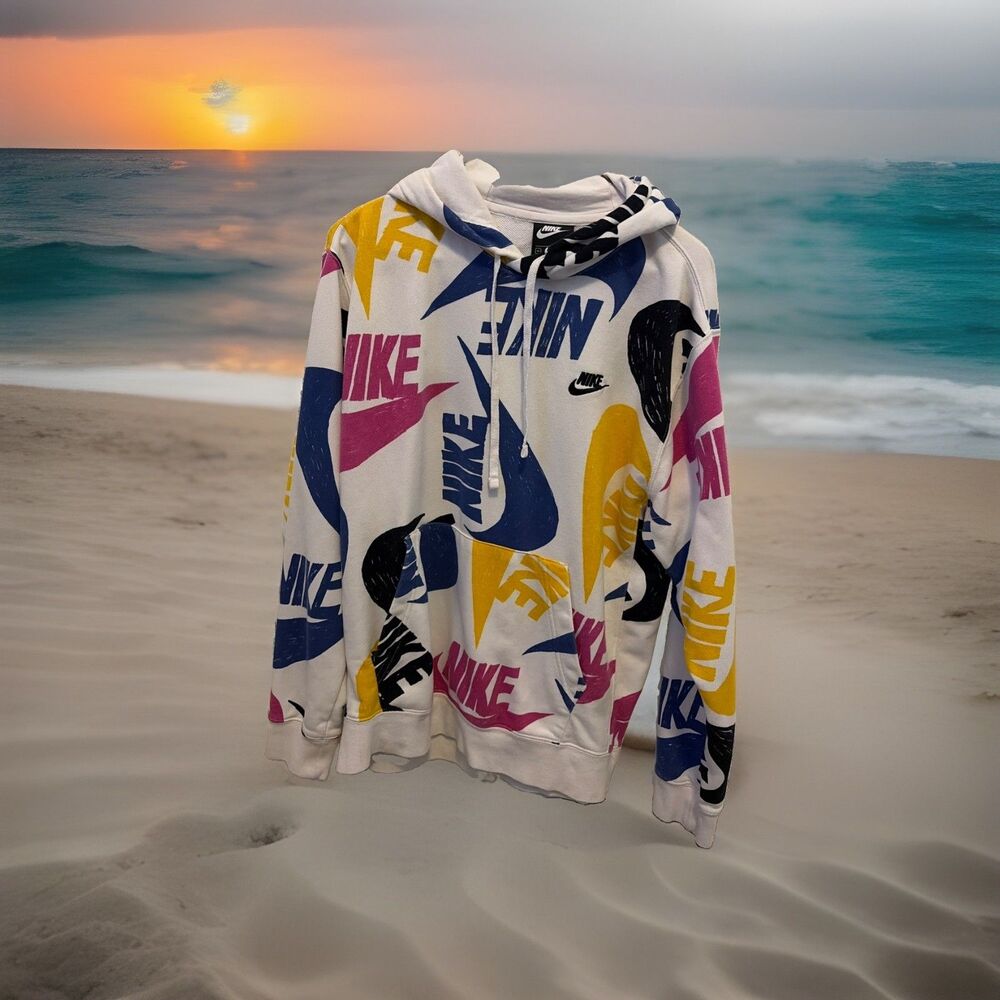 Nike Club Hoodie Men Medium White Multicolor Sweatshirt Pullover AOP Swoosh Logo